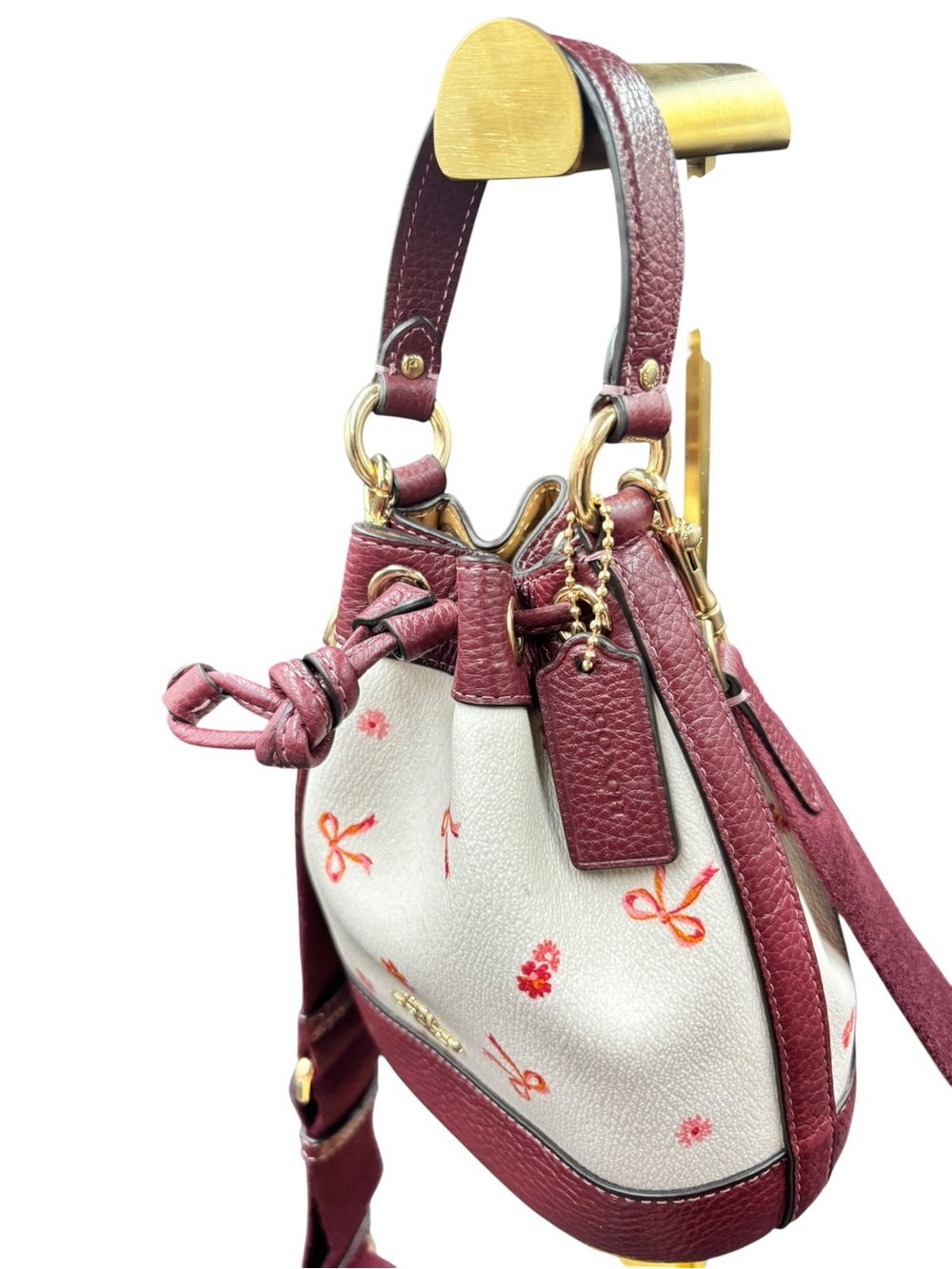 COACH Dempsey Drawstring Bucket Bag 15 Chalk Wine Bow Floral Print Crossbody - Picture 3 of 6